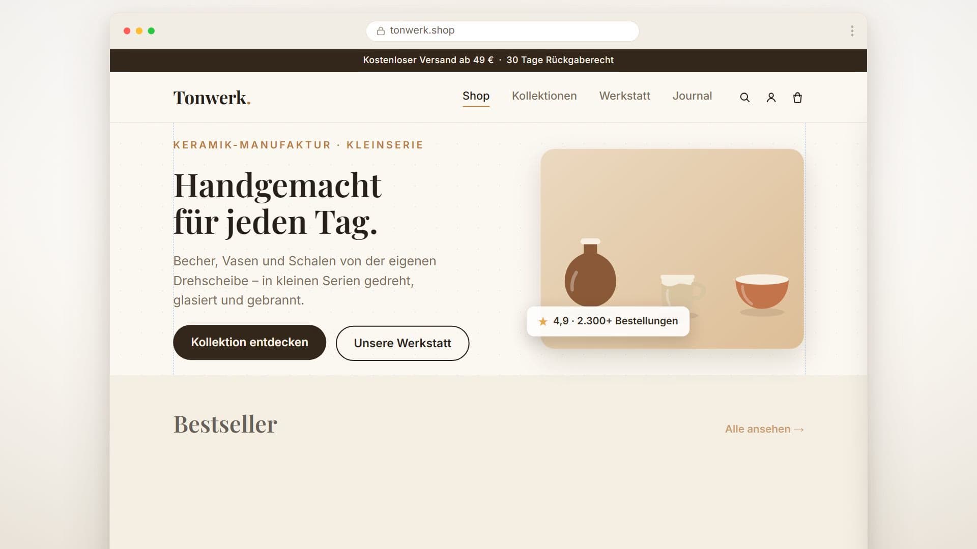 Standbild aus dem Trailer: Startseite eines Shopify-Shops für Keramik im Browserfenster